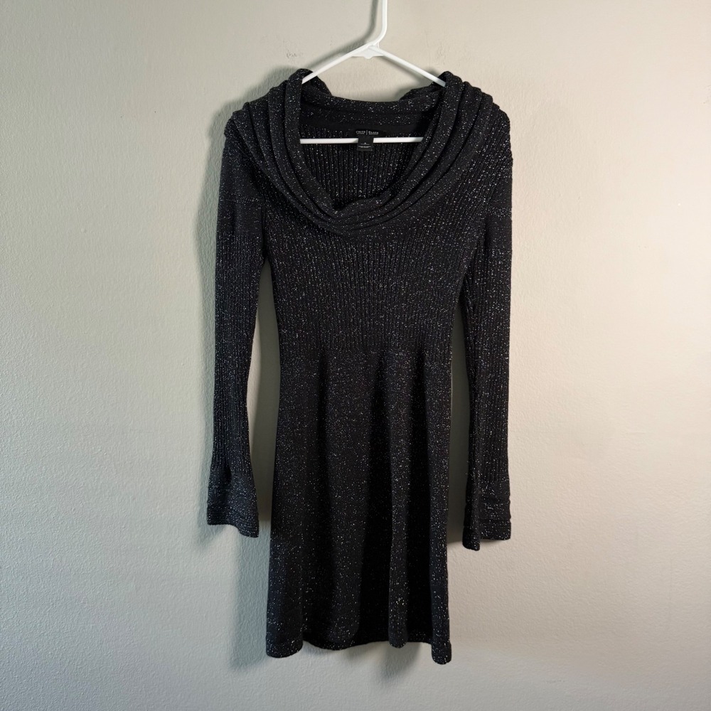 White House Black Market Black Metallic Cowl Neck Ribbed Sweater Dress Small‎